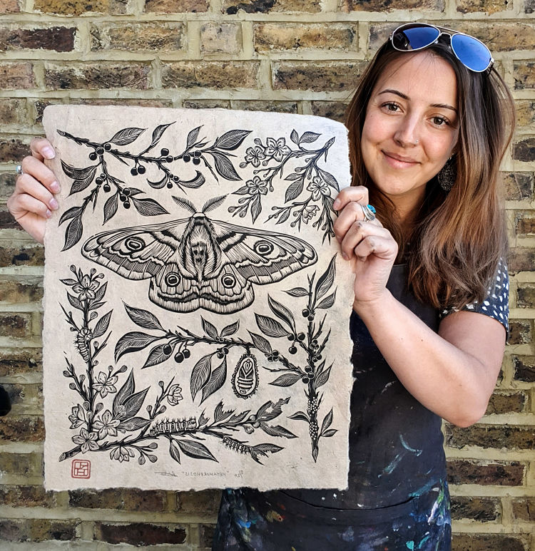 Blooming tile hand printed block print With original Transfer sketch Collectors edition